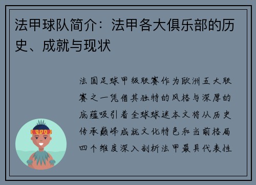 法甲球队简介：法甲各大俱乐部的历史、成就与现状